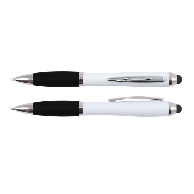 A white and black stylus pen with a metallic clip, featuring a traditional pen tip and a stylus tip on the opposite end.
