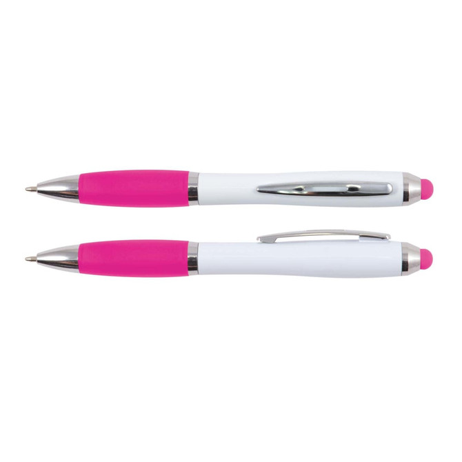 A stylus pen featuring a white body with pink accents and a shiny chrome clip and details.