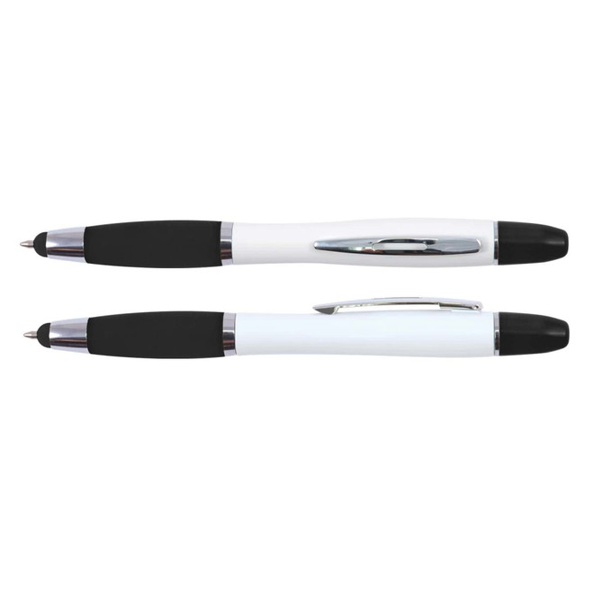 A stylus pen and highlighter combo in a sleek design featuring a white body with black accents and grip.