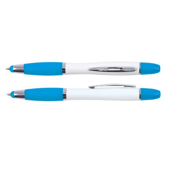 A stylus pen and highlighter set in blue and white. The design features a sleek finish with a clip for easy attachment.