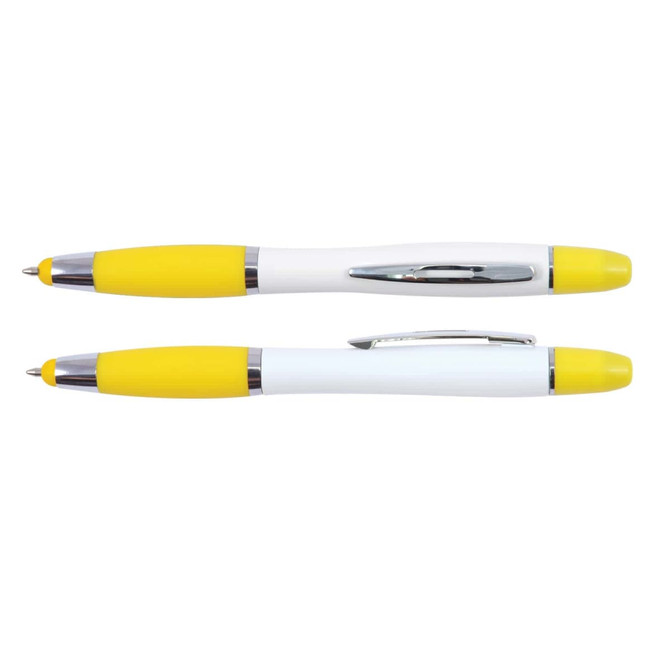 A stylus pen and highlighter in white with bright yellow accents, featuring a silver clip. The image includes two pens.