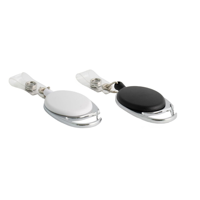 A Premium Retractable ID Badge Holder in black and white with a metal clip and a retractable cord for easy access.
