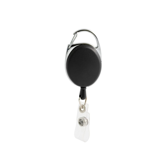 A Premium Retractable ID Badge Holder featuring a black circular reel with a silver clip and a clear badge attachment.