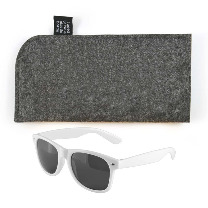 A pair of white sunglasses with gray lenses accompanied by a gray felt case.