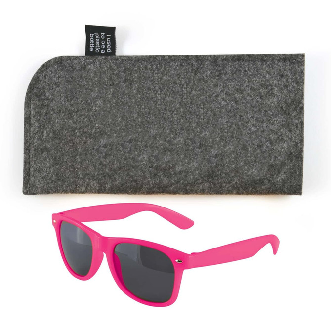 A pair of bright pink sunglasses accompanied by a gray felt pouch.