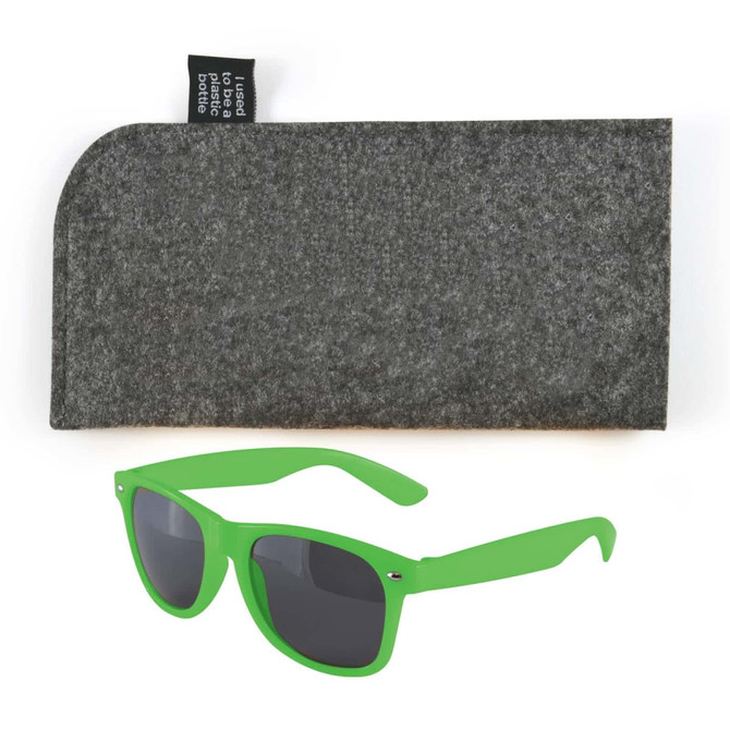 A pair of green sunglasses with dark lenses and a grey felt case.