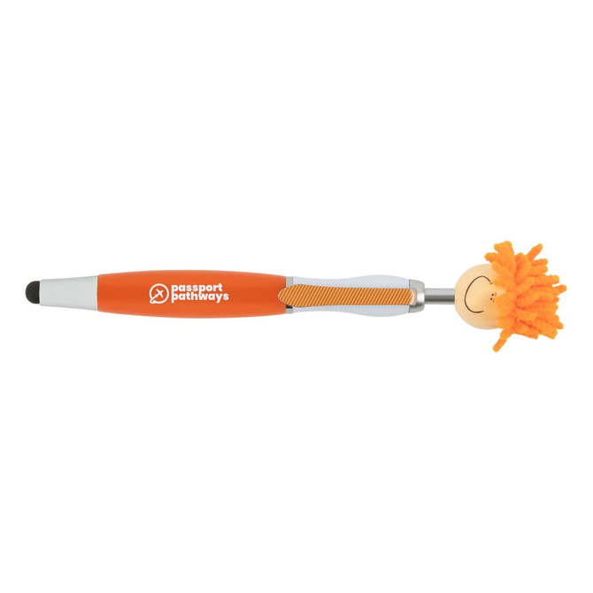 An orange pen with a stylus tip and a fluffy, yellow, pom-pom-like topper. It features a branding logo.