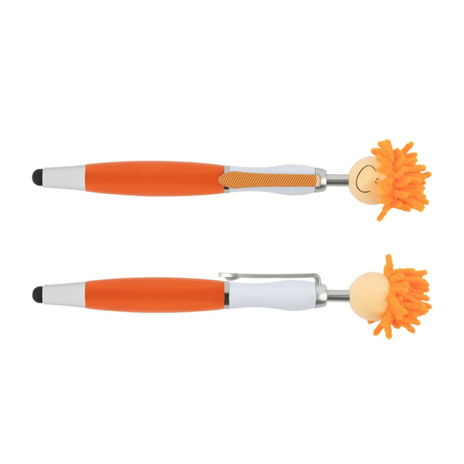 A stylus pen in orange and white with a whimsical character head featuring orange yarn hair and a smile. It has a logo.