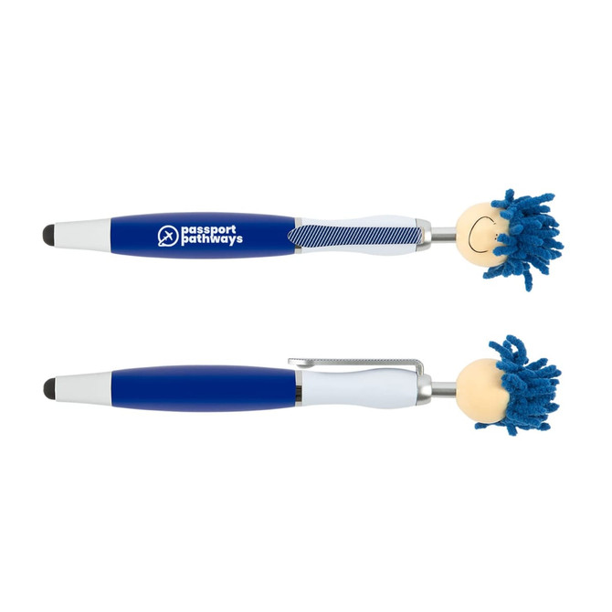 A blue stylus pen with a smiling, blue-haired character topper and a silver clip. It features a brand logo.