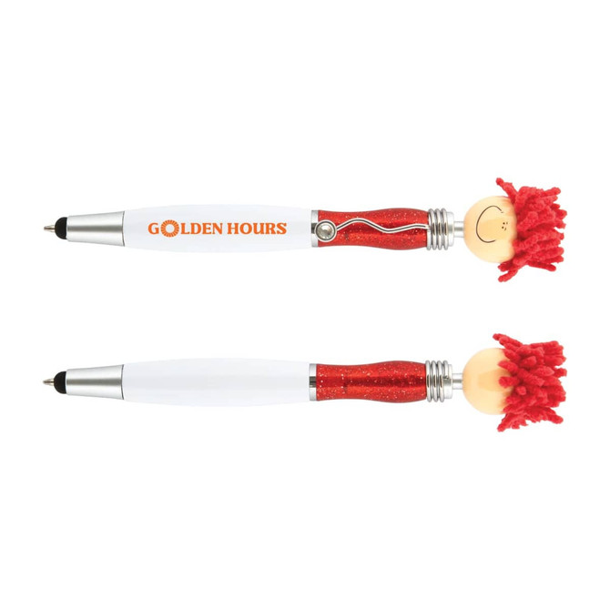 A red and white Mop Top Jazz Pen and Stylus with a fuzzy top and a smiley face. The pen features a branding logo.