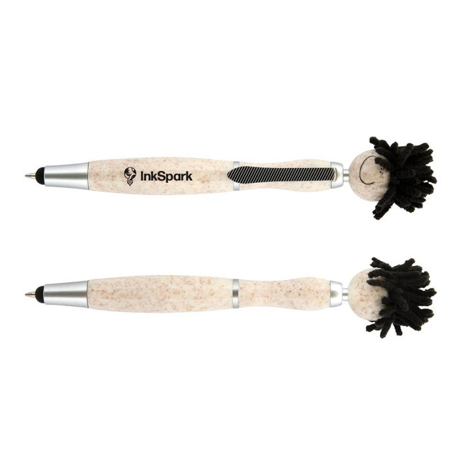 Two stylus pens with a natural, beige body and black textured tops, featuring a logo on the side.