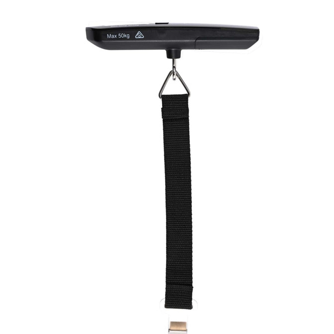 A digital luggage scale in black with a hook and adjustable strap for measuring weight. It features a logo.