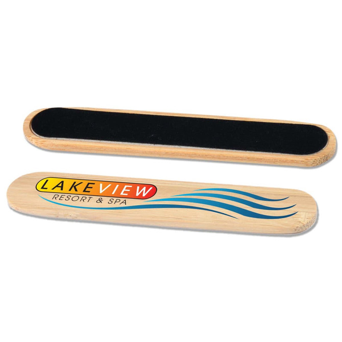A bamboo nail file with a black filing surface, featuring a logo and design for "Lakeview Resort & Spa."