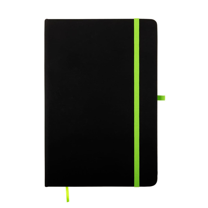 A black A5 notebook with a bright green elastic band and bookmark.