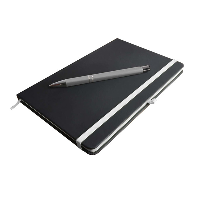 A black notebook with a white elastic band, accompanied by a gray pen resting on top.