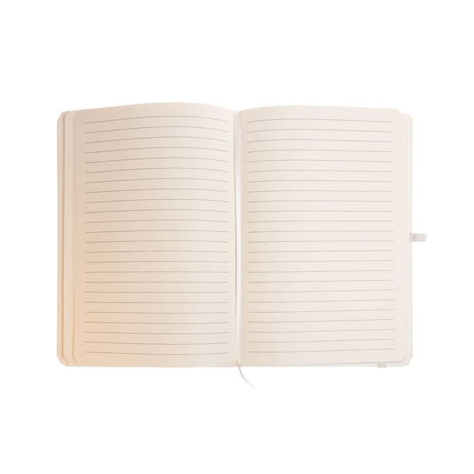 A blank Venture Snowy A5 Notebook with lined pages, featuring a ribbon bookmark and a soft cover.