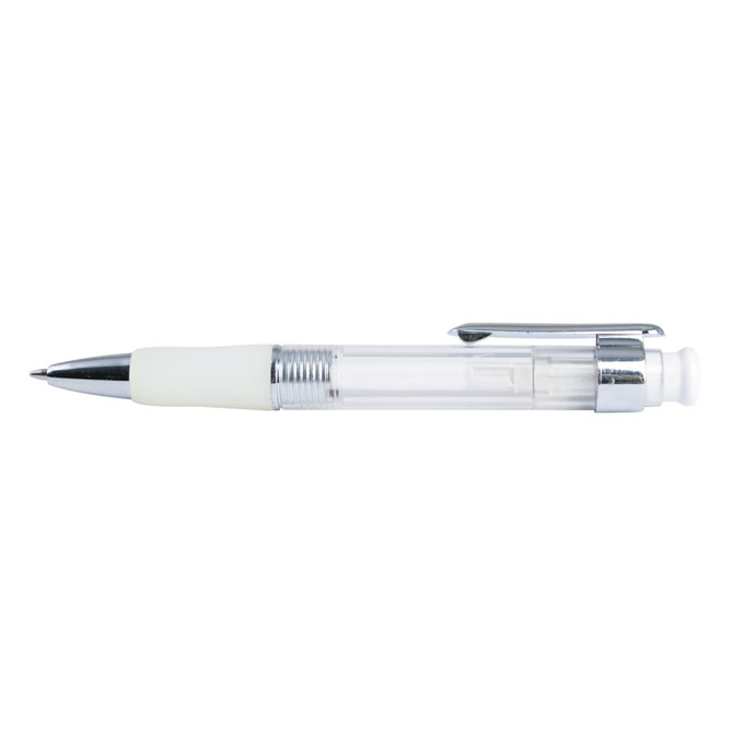 A plastic pen featuring a clear barrel and a white grip, with a chrome clip and tip.