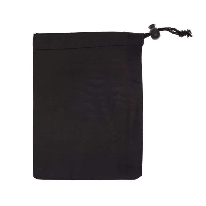 A drawstring pouch in black, designed for holding produce, featuring a secure closure mechanism.