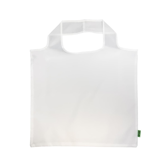 A reusable grocery bag made from recycled PET, featuring a simple white design and a handle for easy carrying.