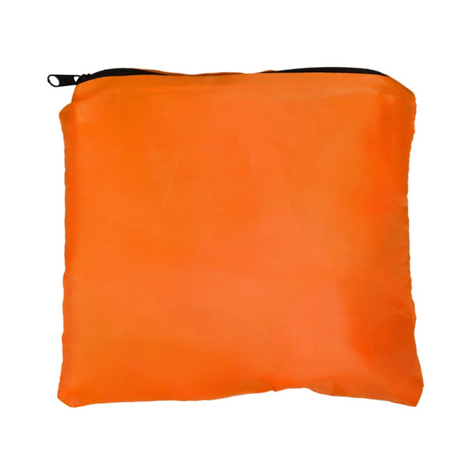 An orange drawstring backpack with a zippered closure.