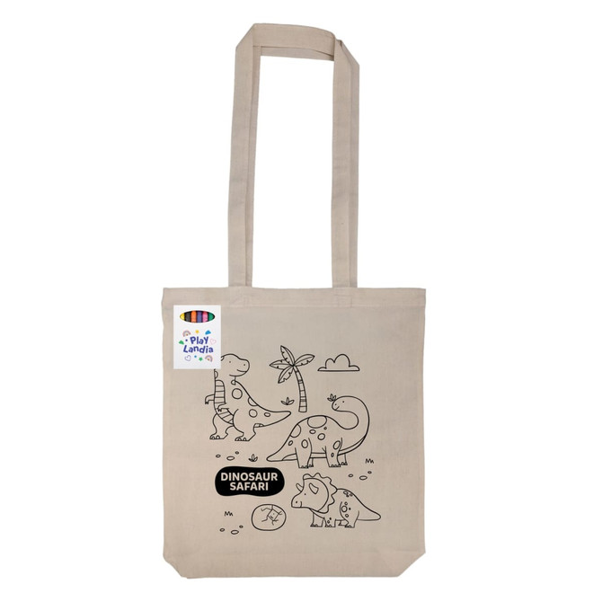 A beige reusable grocery bag featuring a dinosaur safari design and a hang tag.