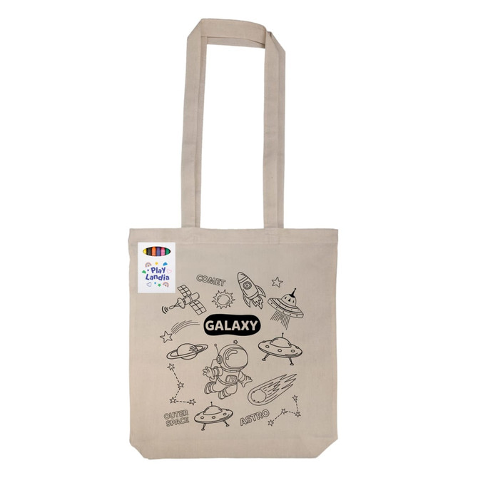 A beige reusable grocery bag featuring space-themed illustrations and a logo.