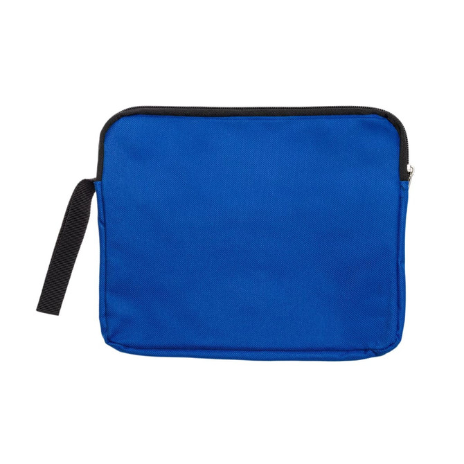 A blue utility pouch with a black zipper and handle, featuring a simple design. It includes a logo.