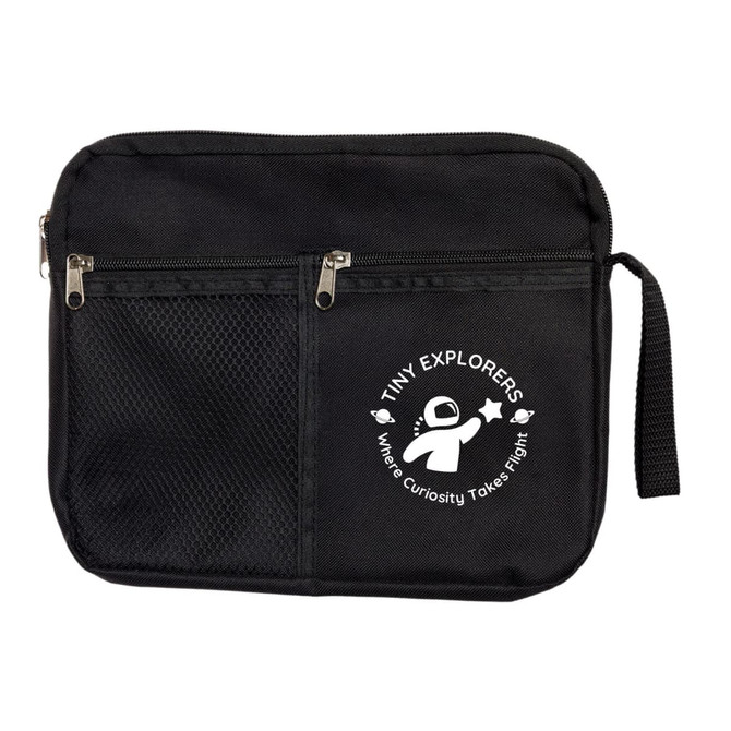 A black utility pouch with a mesh pocket and a logo. It features a zipper closure and a handle.