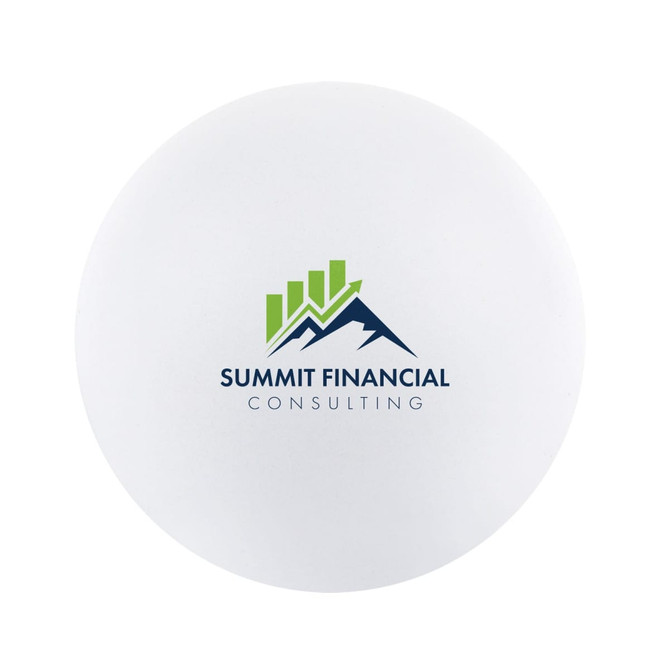 A round stress ball in white with a logo featuring green and blue mountain graphics.