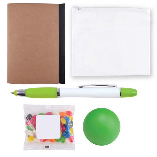 A notebook, a zip pouch, a green pen, a pack of colorful candies, and a green stress ball.
