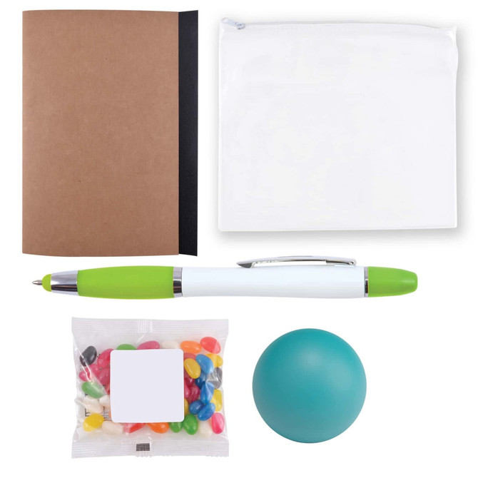 A notebook with a brown cover, a white zip pouch, a green and white pen, a teal stress ball, and a bag of colorful candy.