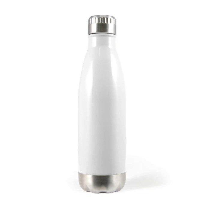 A drink bottle with a sleek white body and a stainless steel bottom, featuring a silver cap.