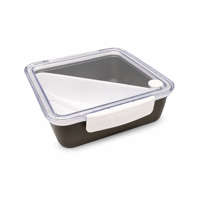 A square, black lunch box with a clear lid and a white handle, featuring a logo.