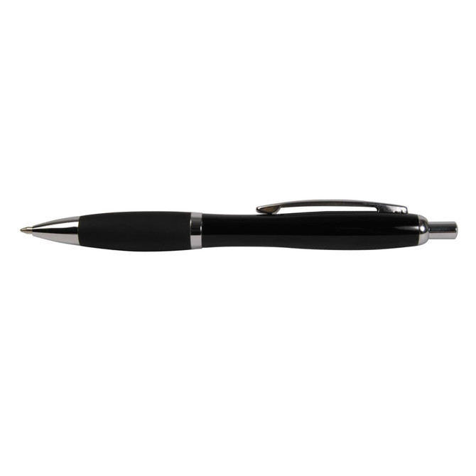 A metal pen featuring a sleek black design with a rubber grip and chrome accents, identified as the Constellation Pen.