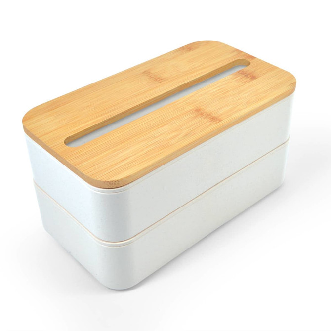 A two-tier eco lunch box in white with a bamboo lid featuring a slot for phone placement.