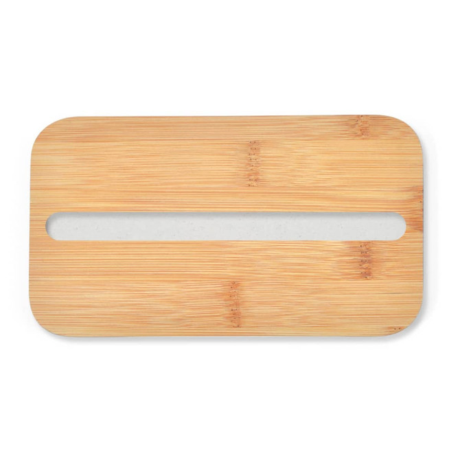 A bamboo lid with a slot for a phone, designed to fit the Stax Eco Lunch Box.