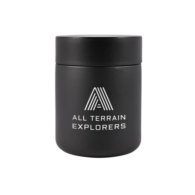 A food container featuring a sleek black design with a lid, adorned with the logo "ALL TERRAIN EXPLORERS."