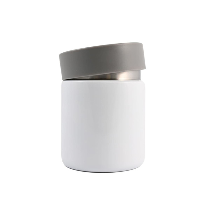 A food container with a sleek white body and a gray lid, designed for keeping food fresh.