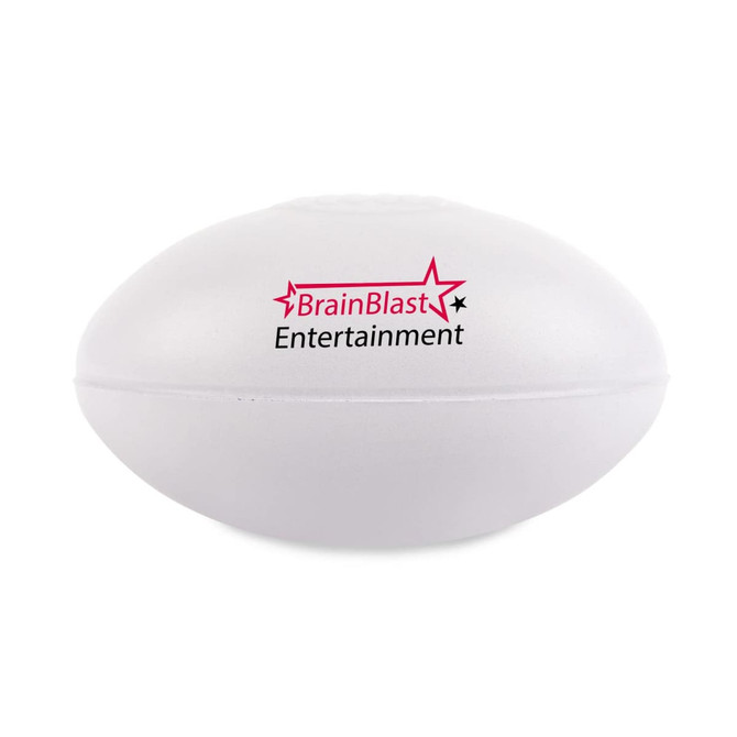 A football-shaped stress reliever with a smooth surface and a logo printed on one side.