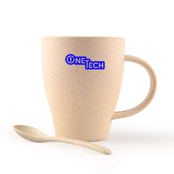 A wheat fibre cup in a light beige color with a matching spoon. The cup has a logo on it.