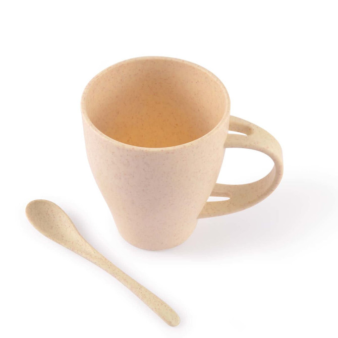 A wheat fibre cup in light beige with a matching spoon, featuring a handle and a simple design.