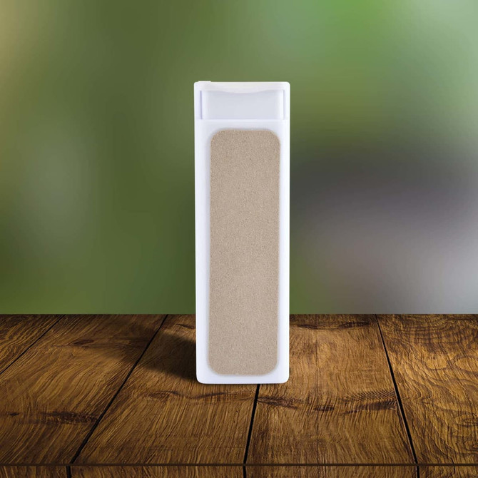 A white cleaning spray bottle with a beige cloth surface, designed for cleaning screens and gadgets.