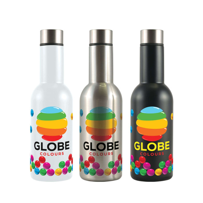 A drink bottle set featuring three vacuum bottles in white, stainless steel, and black, each with a colorful logo design.