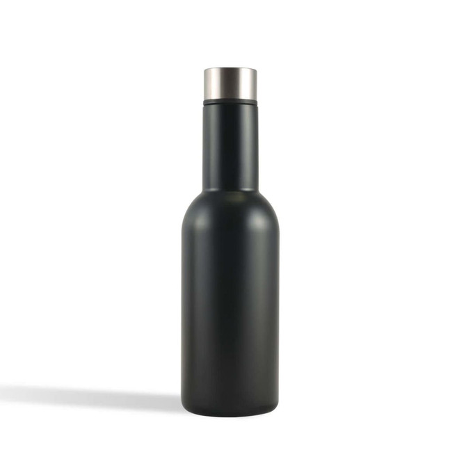 A drink bottle in matte black with a stainless steel cap, featuring a simple design and a logo.