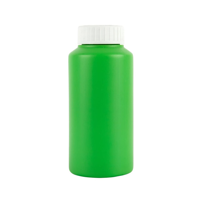 A drink bottle in vibrant green, featuring a white screw cap.