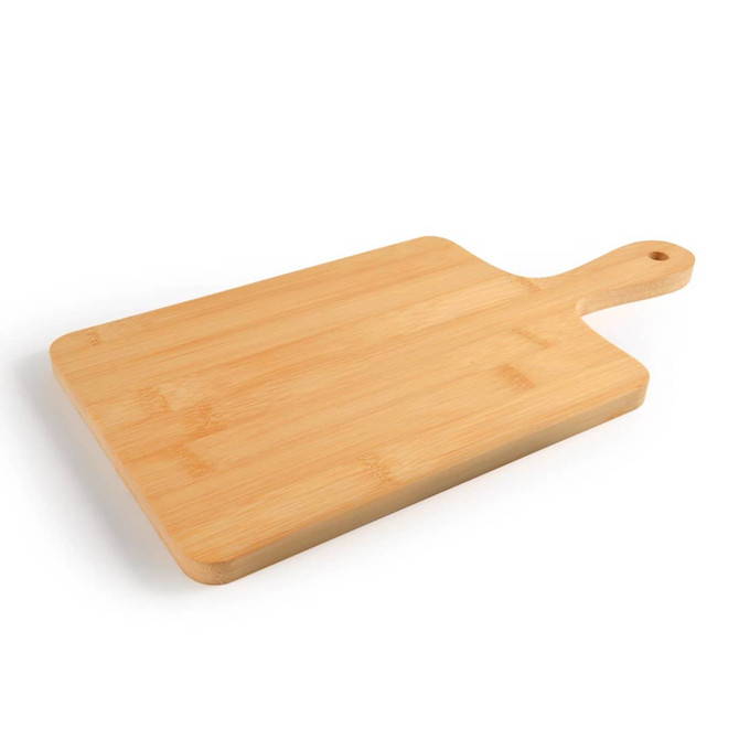 A bamboo serving board in a rectangular shape with a handle, showcasing a natural wood finish.