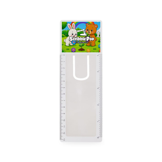 A transparent bookmark magnifier ruler with cute animal graphics at the top and measurement markings along the side.
