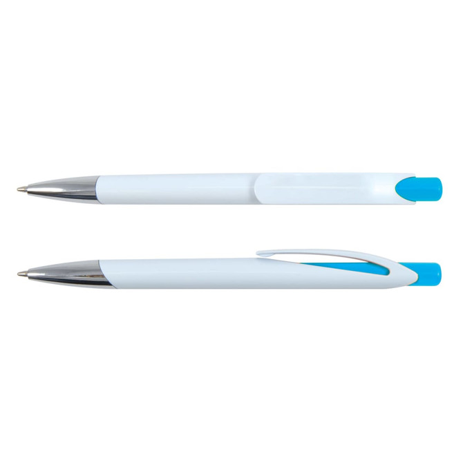 A Falcon Pen in white plastic with a blue accent and a silver clip. Two pens are displayed, one on top of the other.