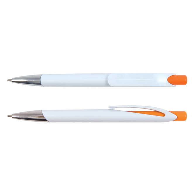 A plastic pen featuring a white barrel and an orange top. It has a chrome accent and a clip for easy handling.