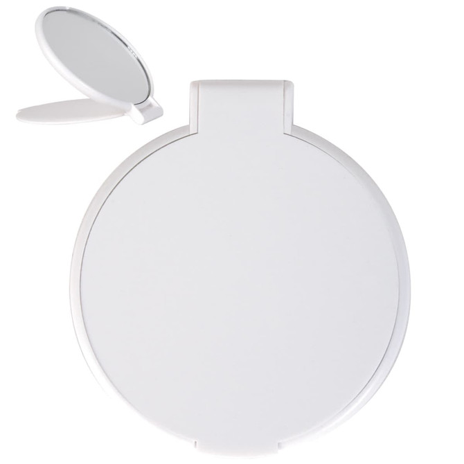 A round folding mirror with a sleek design, featuring a compact size for easy portability.